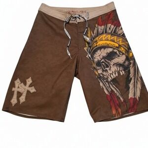 Y2k Affliction Mens size 34 Indian Cheif Skull Cross Boardshorts Beachy Grunge